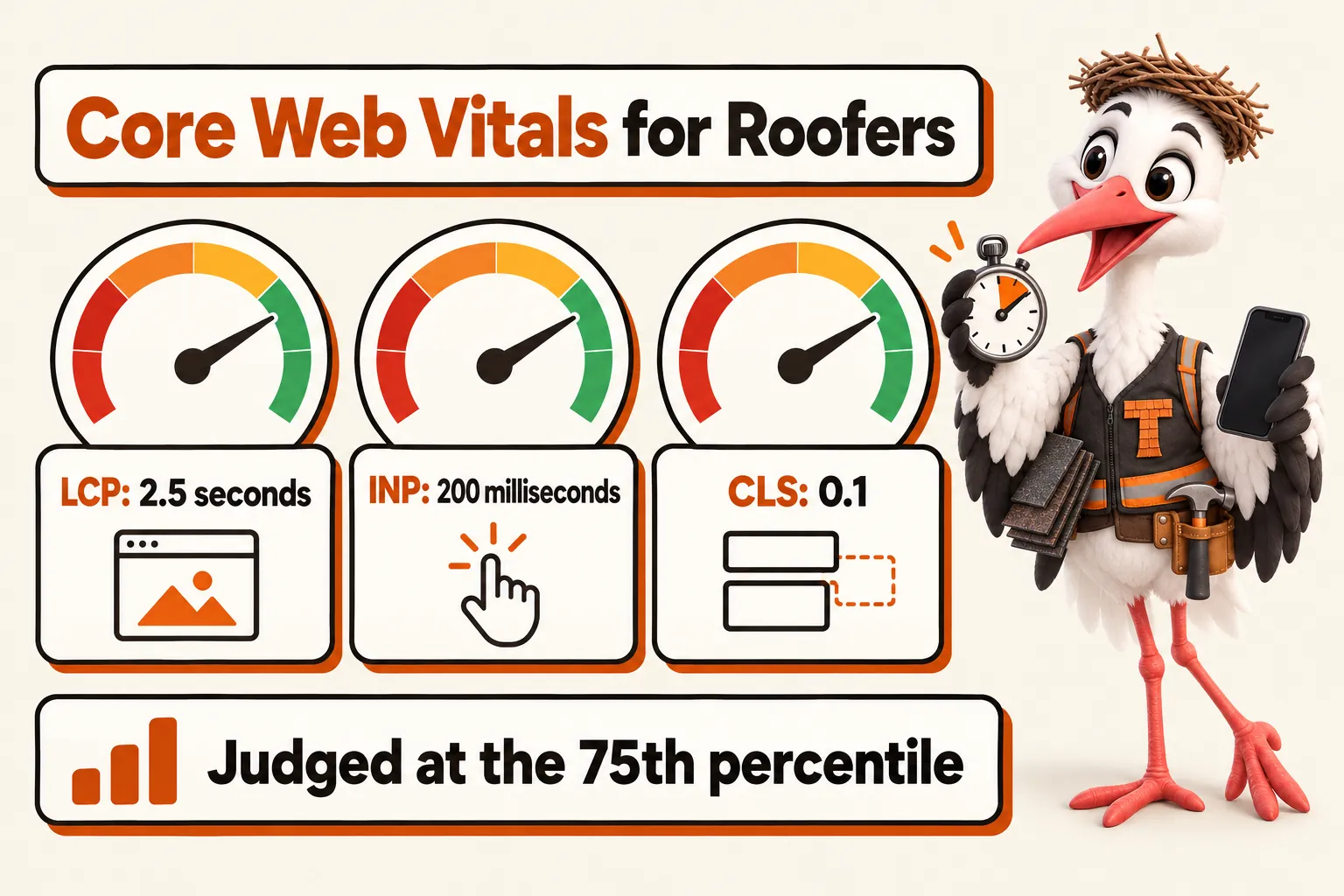 Core Web Vitals for Roofers, with Thatcher the stork mascot holding a stopwatch: LCP: 2.5 seconds; INP: 200 milliseconds; CLS: 0.1; judged at the 75th percentile
