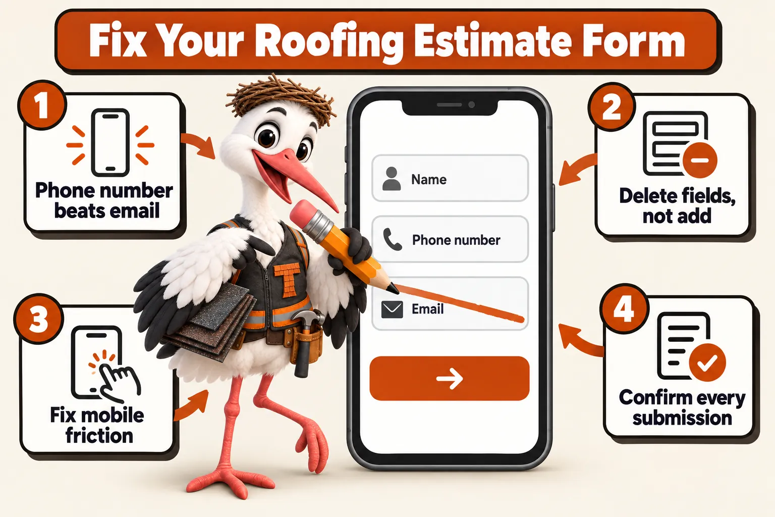 Fix Your Roofing Estimate Form, four takeaways with Thatcher the stork mascot: 1 phone number beats email; 2 delete fields, not add; 3 fix mobile friction; 4 confirm every submission