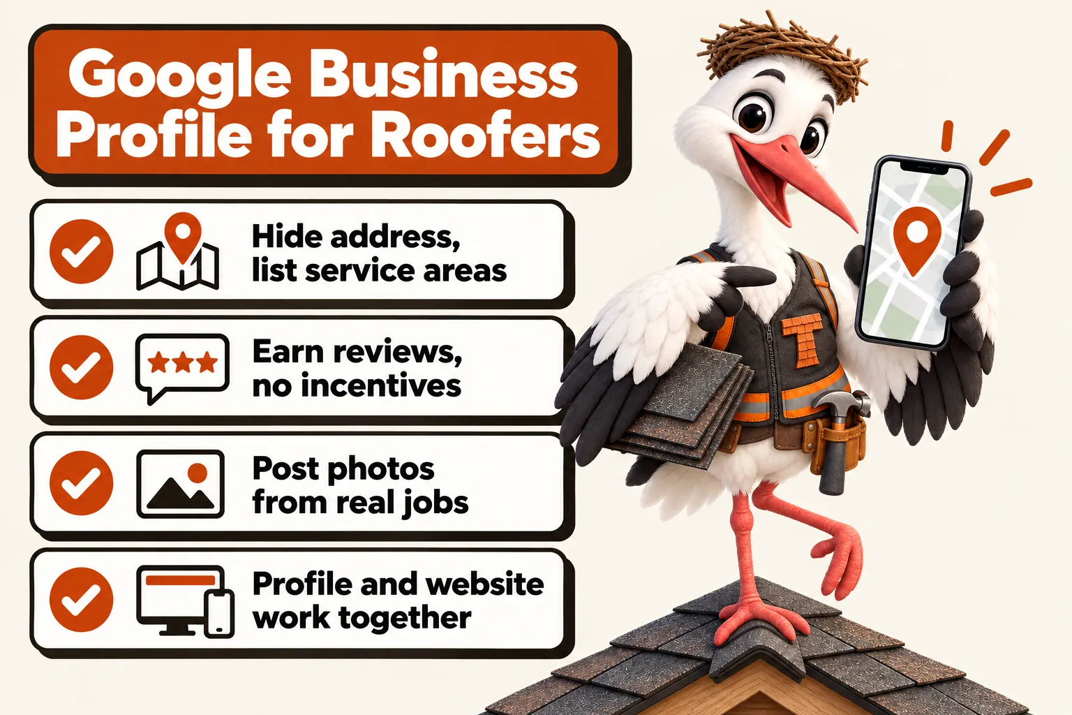 Google Business Profile for Roofers, four takeaways with Thatcher the stork mascot: hide address, list service areas; earn reviews, no incentives; post photos from real jobs; profile and website work together