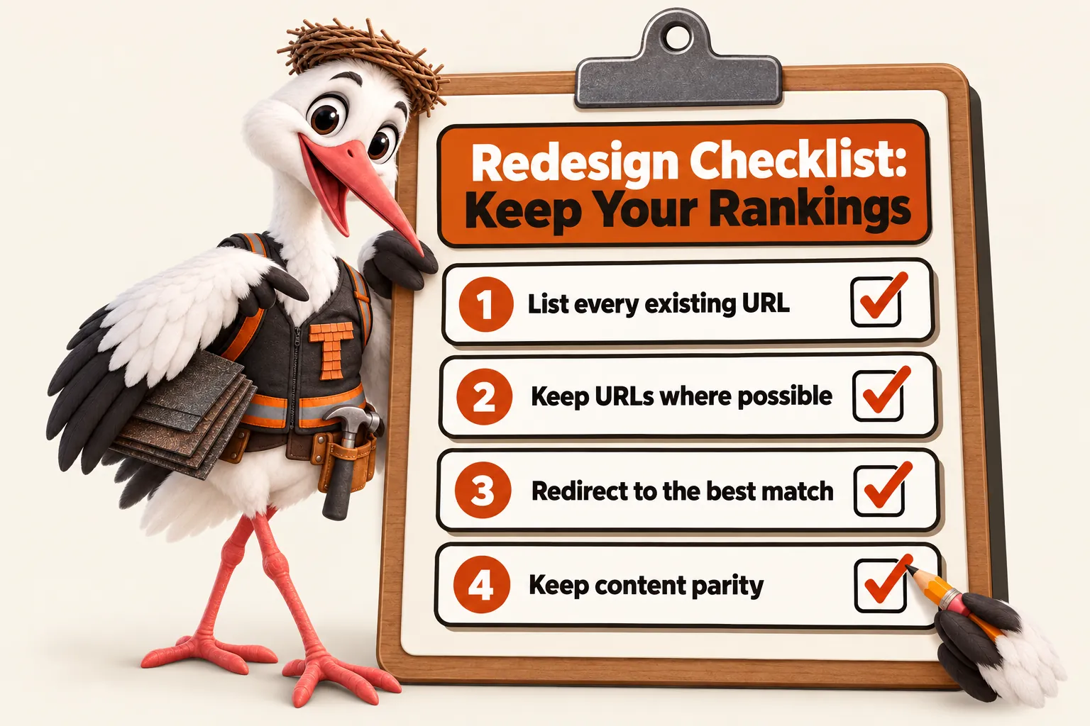 Redesign Checklist: Keep Your Rankings, with Thatcher the stork mascot ticking it off: 1 list every existing URL; 2 keep URLs where possible; 3 redirect to the best match; 4 keep content parity