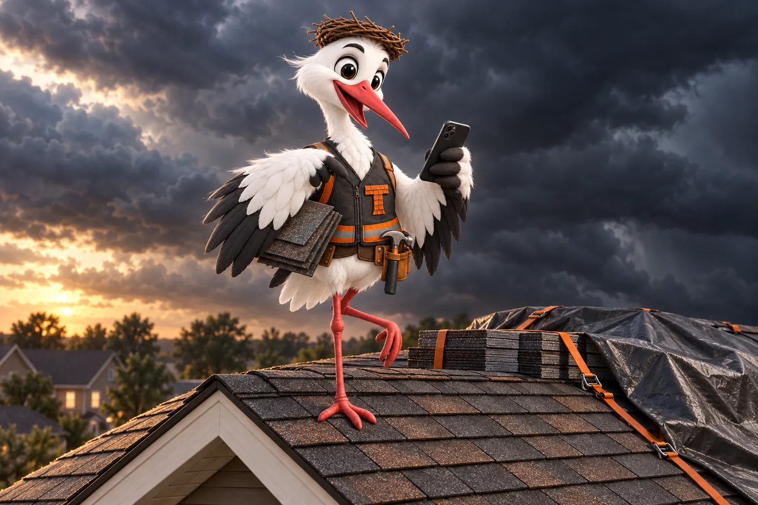 Thatcher the stork mascot checking his phone on a house roof under a darkening storm sky, tarp and shingle bundles secured beside him