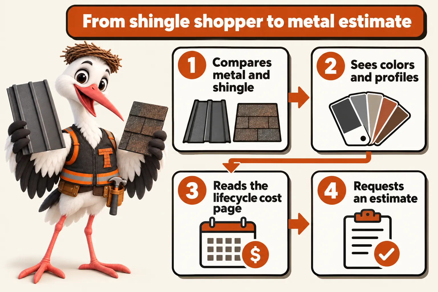 From shingle shopper to metal estimate, with Thatcher the stork mascot comparing a metal panel and a shingle: 1 compares metal and shingle; 2 sees colors and profiles; 3 reads the lifecycle cost page; 4 requests an estimate