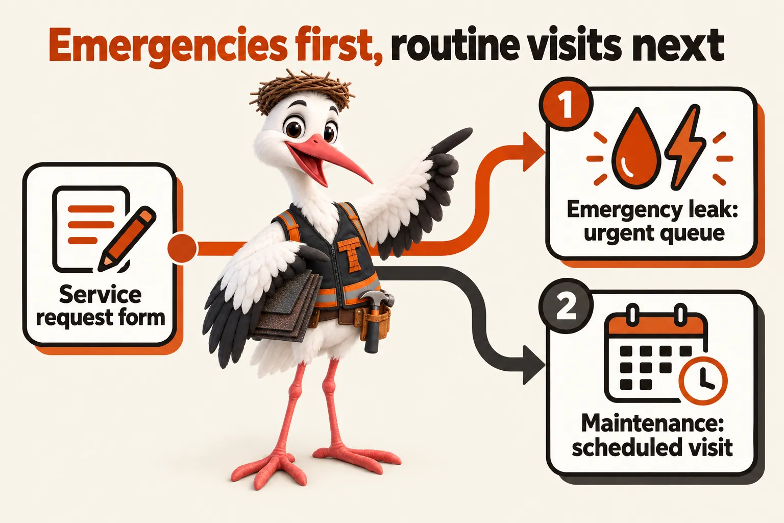Emergencies first, routine visits next: from the service request form, Thatcher the stork mascot sends an emergency leak to the urgent queue and maintenance to a scheduled visit