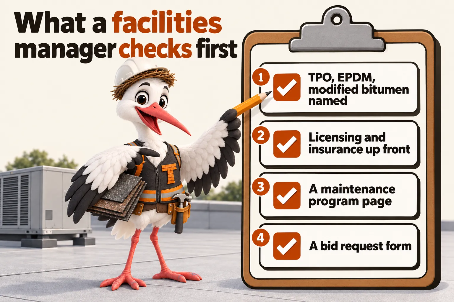 What a facilities manager checks first, a checklist held by Thatcher the stork mascot on a flat roof: TPO, EPDM, modified bitumen named; licensing and insurance up front; a maintenance program page; a bid request form