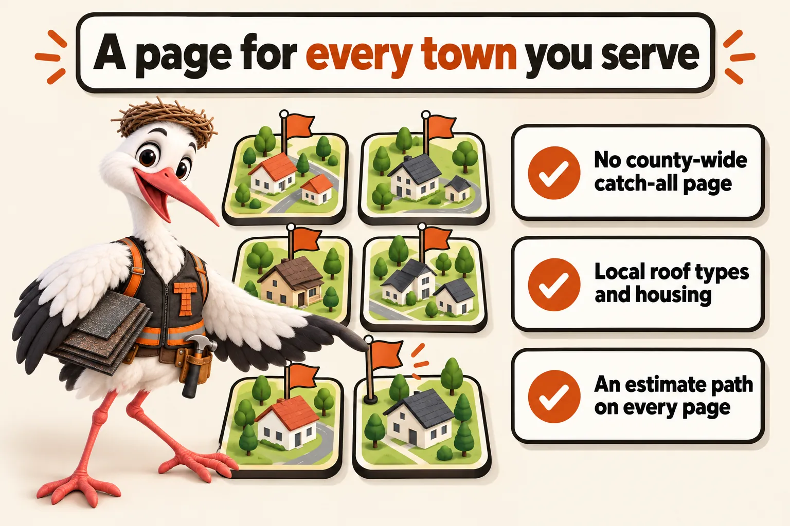 A page for every town you serve, with Thatcher the stork mascot planting a flag on each town: no county-wide catch-all page, local roof types and housing, an estimate path on every page