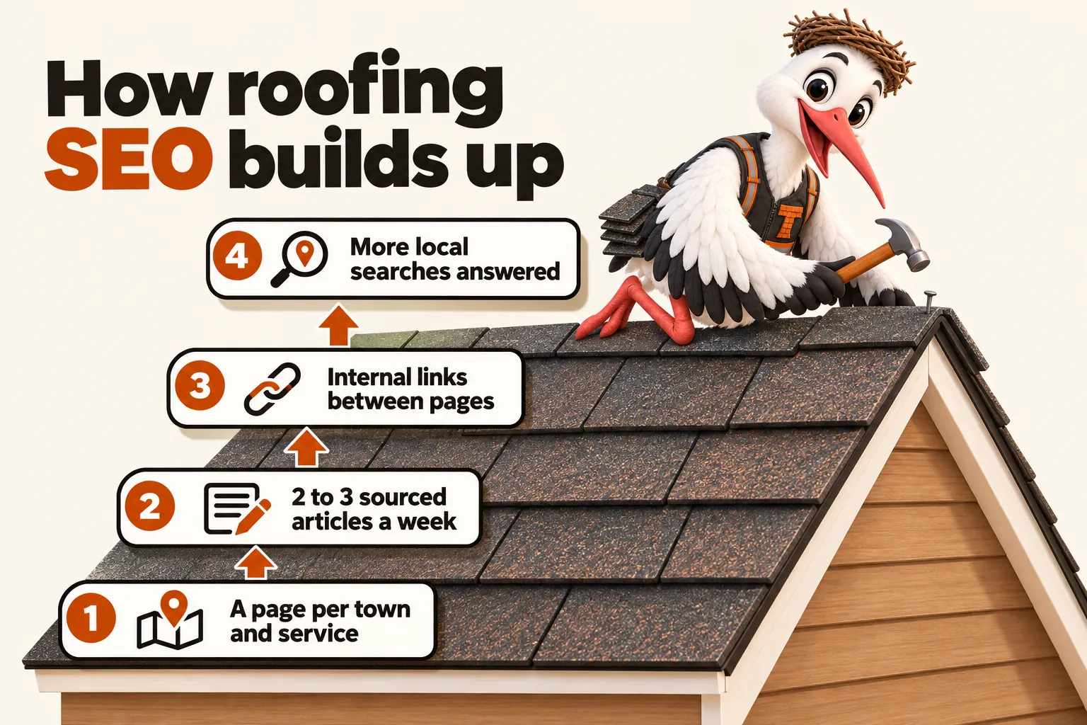 How roofing SEO builds up, course by course, with Thatcher the stork mascot nailing the top row: a page per town and service, 2 to 3 sourced articles a week, internal links between pages, more local searches answered