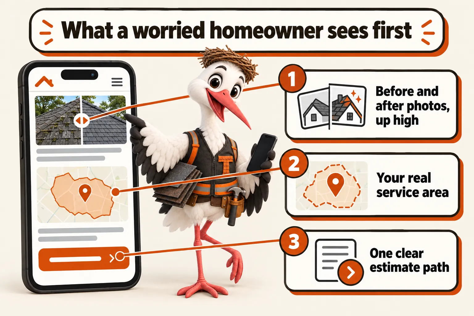 What a worried homeowner sees first, with Thatcher the stork mascot pointing at a phone: 1 before and after photos, up high; 2 your real service area; 3 one clear estimate path