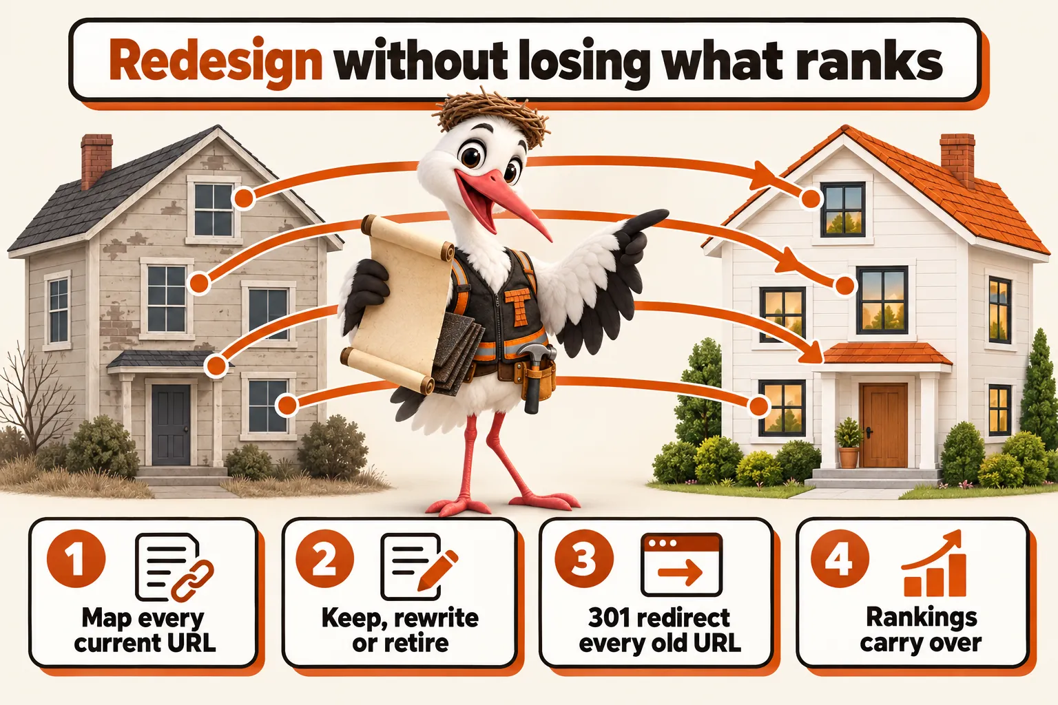 Redesign without losing what ranks, with Thatcher the stork mascot holding the map: 1 map every current URL; 2 keep, rewrite or retire; 3 301 redirect every old URL; 4 rankings carry over