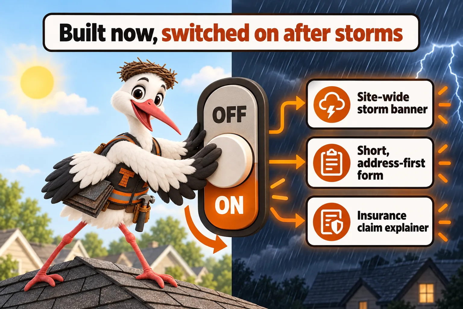 Built now, switched on after storms: Thatcher the stork mascot flips a switch from off to on, lighting up a site-wide storm banner, a short, address-first form and an insurance claim explainer