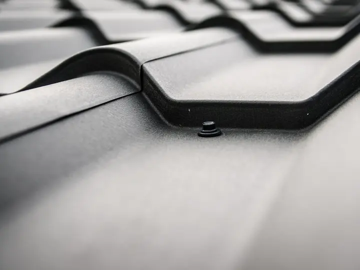 Close-up of a dark metal roof panel run, seams and fasteners visible along the slope