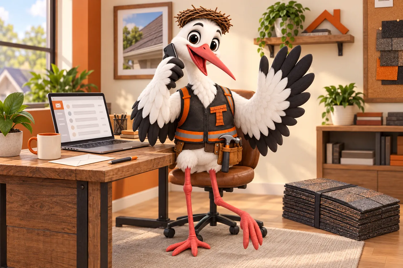 Thatcher the stork mascot at a workbench desk answering the phone with a wave, an inbox open on the laptop and an envelope beside him