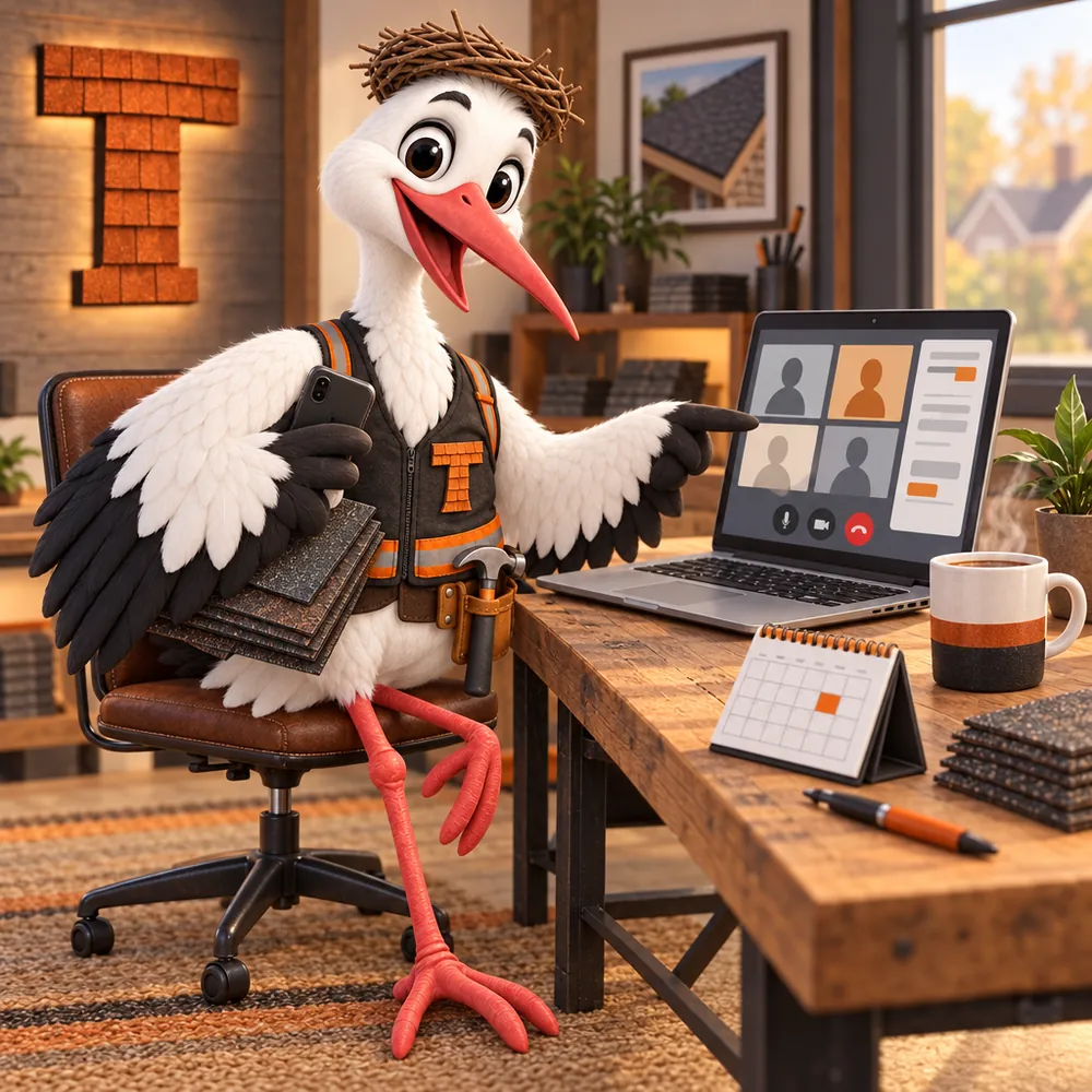Thatcher the stork mascot at a workbench pointing at a laptop video call, a calendar and a coffee mug beside him