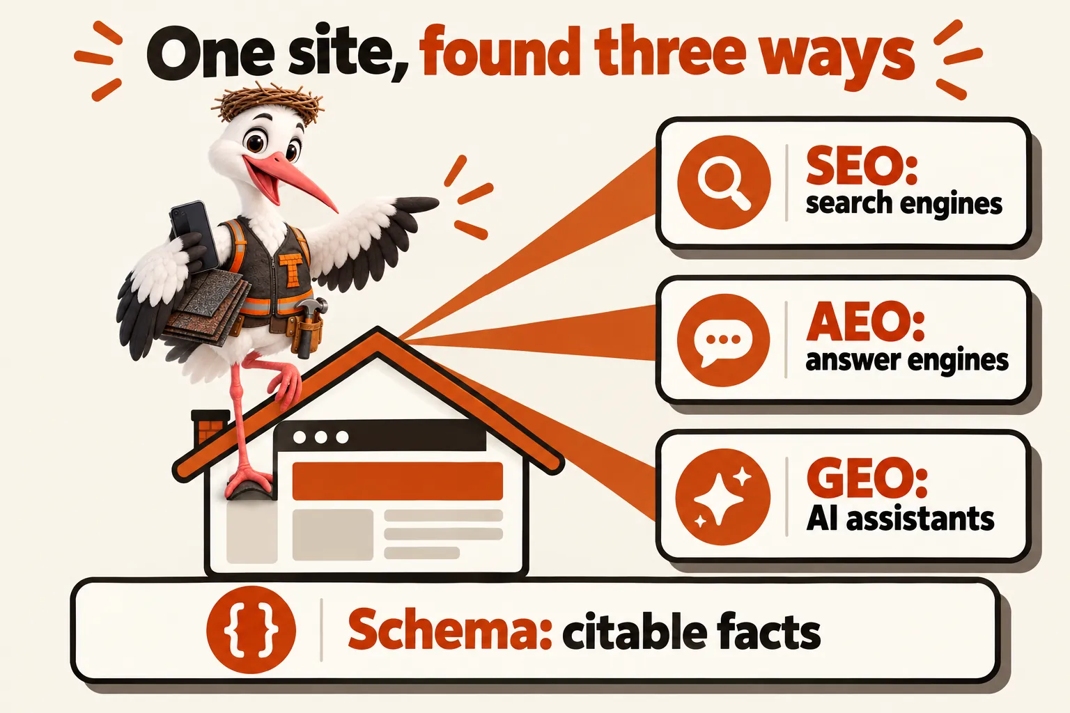 One site, found three ways, with Thatcher the stork mascot on the roof: SEO: search engines; AEO: answer engines; GEO: AI assistants; all standing on Schema: citable facts