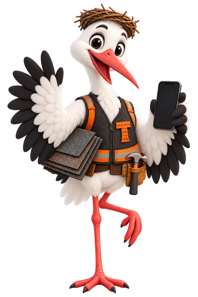 Thatcher, the GetRoofingWebsite stork mascot, standing on one leg on top of the website preview, waving with a phone in his other wing
