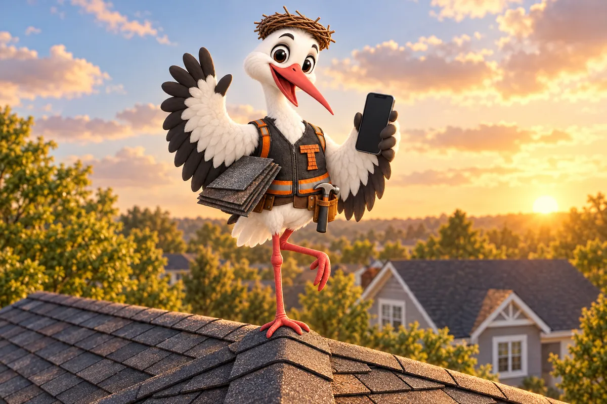 Thatcher, the GetRoofingWebsite stork mascot, standing on one leg on a shingled ridge at sunset, phone in one wing and a shingle bundle under the other