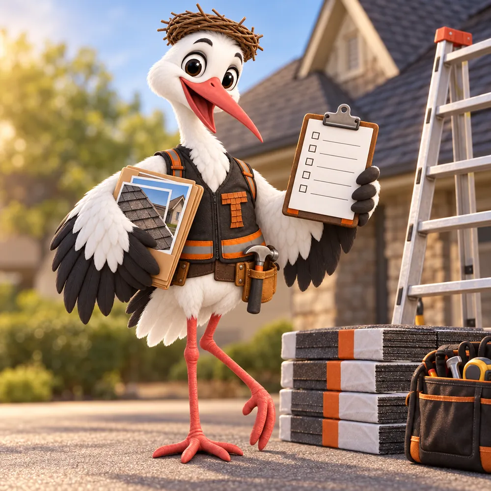 Thatcher the stork mascot holding a clipboard checklist and a folder of roof photos beside shingle bundles and a ladder