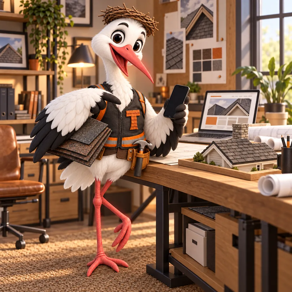 Thatcher the stork mascot in a design studio beside a laptop showing a roofing website and a scale model of a shingled house